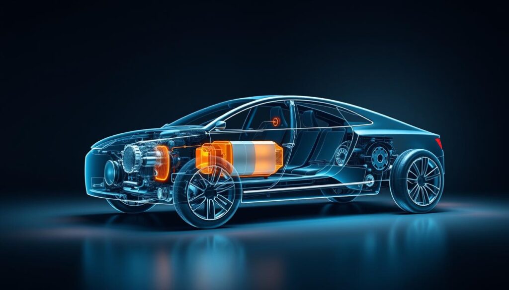 A detailed cutaway diagram of advanced emergency braking sensors for a Devendra Automobile vehicle. The foreground shows a high-resolution cross-section view of the sensor array, including radar, camera, and ultrasonic modules. The middle ground depicts the sensor data processing unit and control algorithms. The background features a sleek, futuristic vehicle chassis in muted tones, showcasing the seamless integration of the braking system. The scene is illuminated by cool, directional lighting that accentuates the technical complexity and precision engineering. The overall mood is one of cutting-edge automotive safety technology.