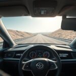 A sleek, high-tech automobile interior featuring a digital dashboard displaying a Lane Departure Warning System. In the foreground, focus on a close-up of the dashboard with vivid graphics showing lane markings and warning signals. The middle ground should include a steering wheel designed with modern features, hinting at the car’s advanced technology. In the background, a panoramic view of a highway bends around gentle hills, illustrating lane lines ahead. The lighting is bright and clear, simulating daylight with soft reflections on the dashboard surfaces. The atmosphere is one of innovation and safety, showcasing modernity and reliability. The brand name "DEVENDRA AUTOMOBILE" is subtly integrated into the dashboard design without text overlays or distractions. The image conveys an essence of advanced technology and comfort on the road.