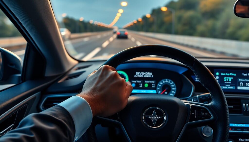 A sleek, modern lane departure warning system interface displayed on a car's dashboard, featuring a high-resolution screen showing real-time analytics. In the foreground, a driver's hands grip the steering wheel, dressed in professional business attire, portraying focus and engagement. In the middle ground, the dashboard is illuminated with soft blue and green lights, emphasizing the technology's advanced features. The background reveals a blurred highway setting, indicating motion with road lines fading into the distance. The atmosphere conveys a sense of safety and innovation, highlighting the critical role of lane departure warnings in enhancing road safety. Branding is subtly integrated, displaying "DEVENDRA AUTOMOBILE" on the dashboard display. The scene is well-lit, with a professional lens perspective capturing the details crisply.
