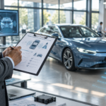 Automotive AEBS compliance testing in a modern R&D lab with vehicle safety assessment, sensor technology, and technical documentation.