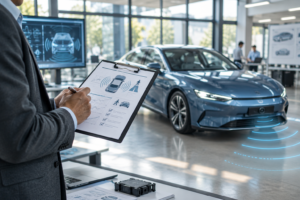 Automotive AEBS compliance testing in a modern R&D lab with vehicle safety assessment, sensor technology, and technical documentation.